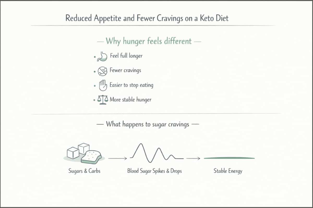Minimalist infographic showing reduced appetite and fewer cravings on a keto diet, with bullet points on satiety and a visual of blood sugar stabilizing from spikes to a flat line