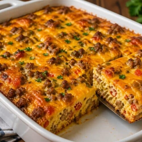 Make-ahead sausage and egg breakfast casserole baked until golden in a 9x13 dish with sliced portion showing melted cheese and eggs