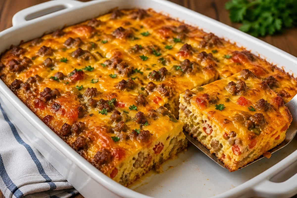 Make-ahead sausage and egg breakfast casserole baked until golden in a 9x13 dish with sliced portion showing melted cheese and eggs