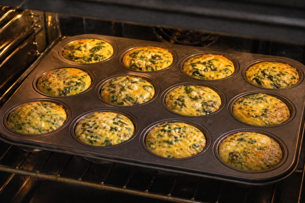 baked spinach and cheese egg muffins in oven lightly golden and set in muffin tin