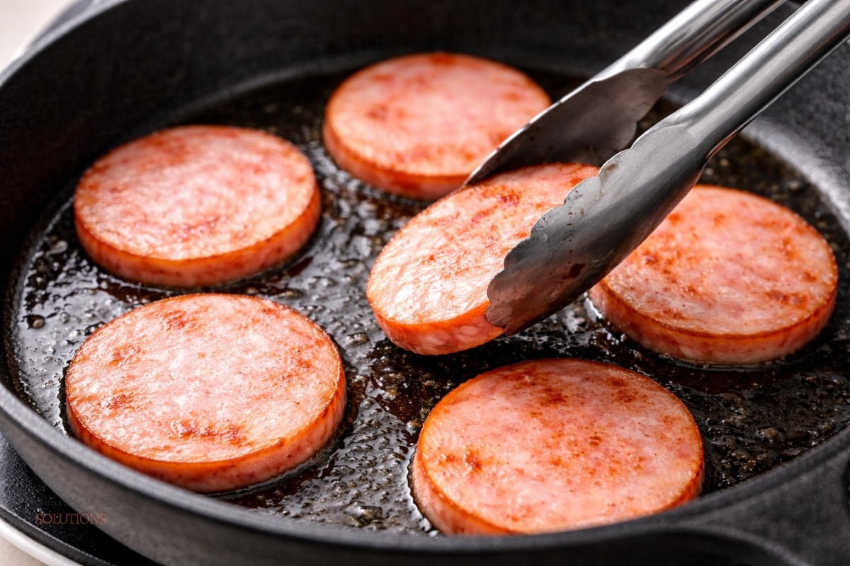 canadian bacon cooking in skillet