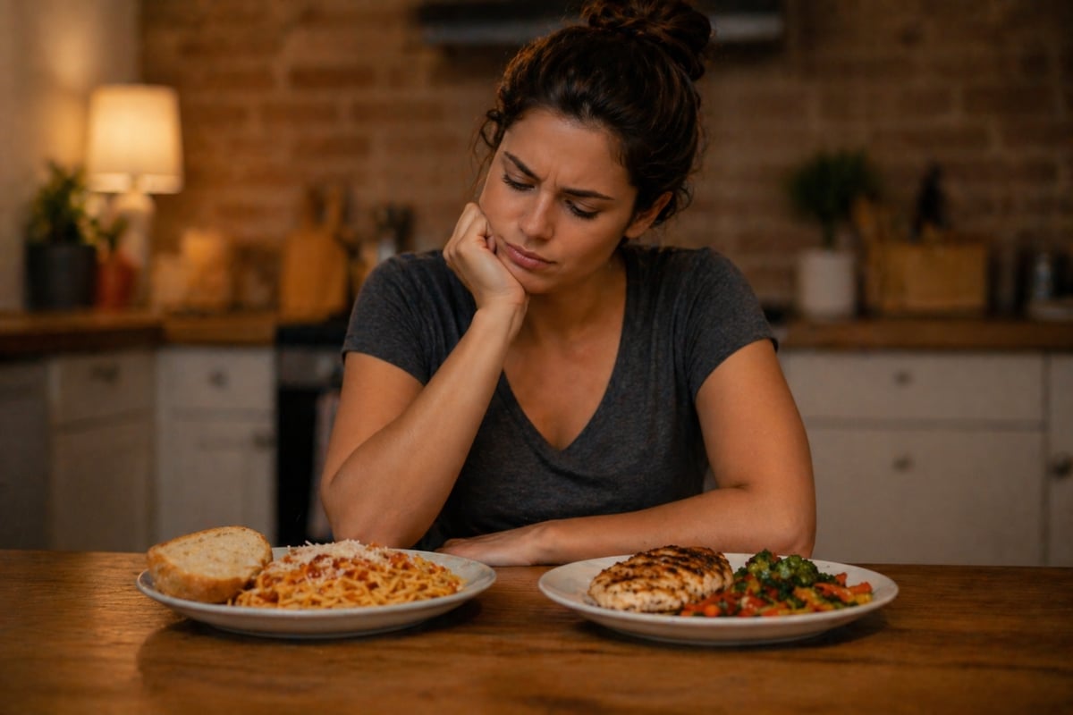 Person sitting at dinner table choosing between pasta and a low-carb chicken and vegetables meal in a warm kitchen setting