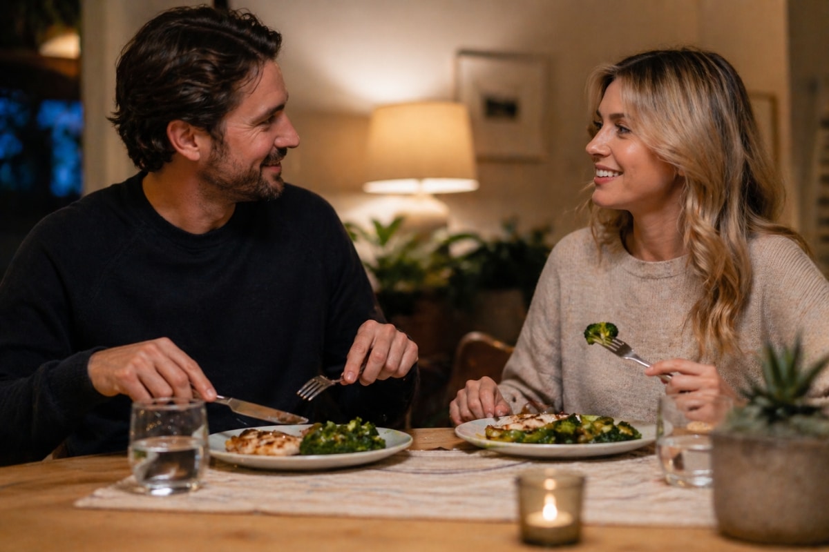 couple enjoying quick and easy low-carb dinner chicken with broccoli at home