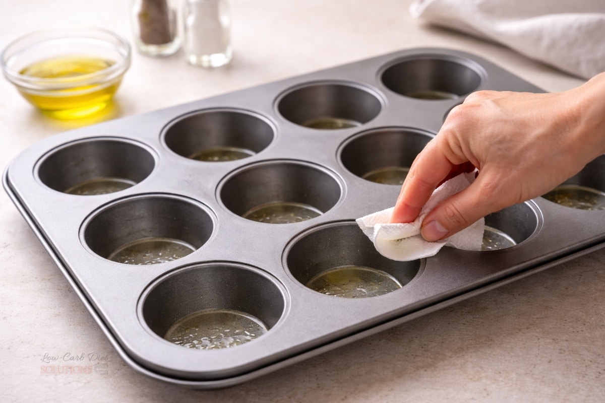 greasing a 12 cup muffin tin with olive oil using paper towel on kitchen countertop