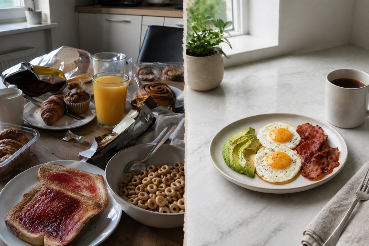 keto breakfast plan for busy weekdays showing high carb breakfast vs clean low carb eggs bacon avocado meal