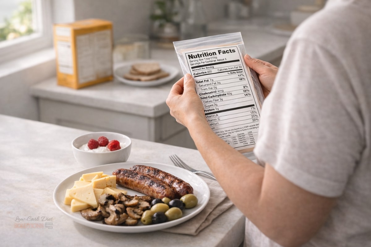 Person reading nutrition facts label while preparing keto breakfast with sausage, cheese, mushrooms, olives and yogurt with raspberries