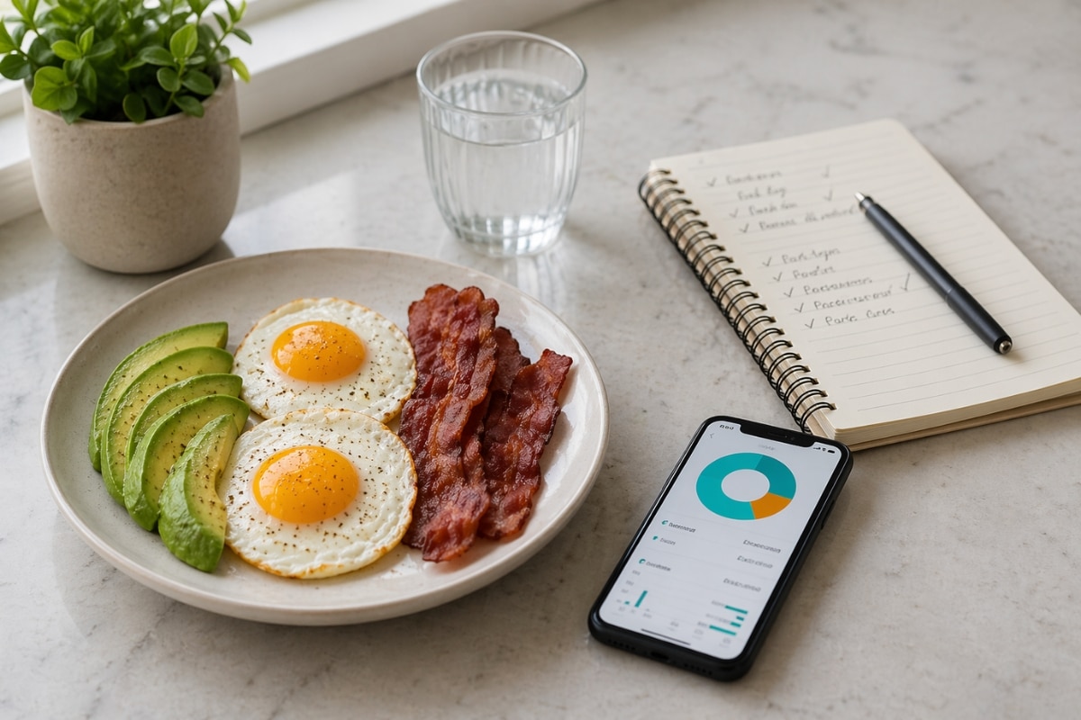 keto breakfast with eggs avocado bacon and simple tracking setup on clean kitchen counter