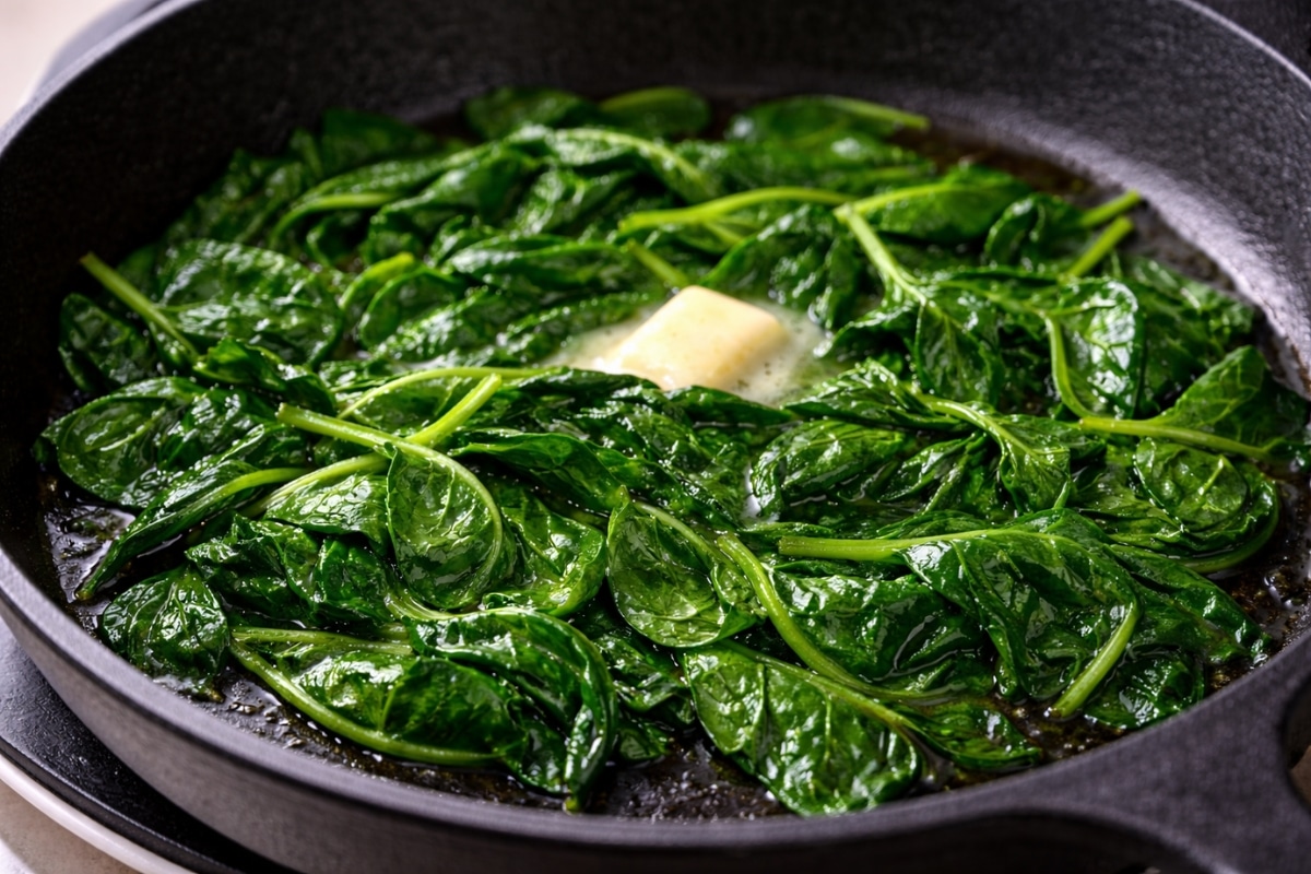 Fresh spinach sautéing in a skillet with butter until just wilted.