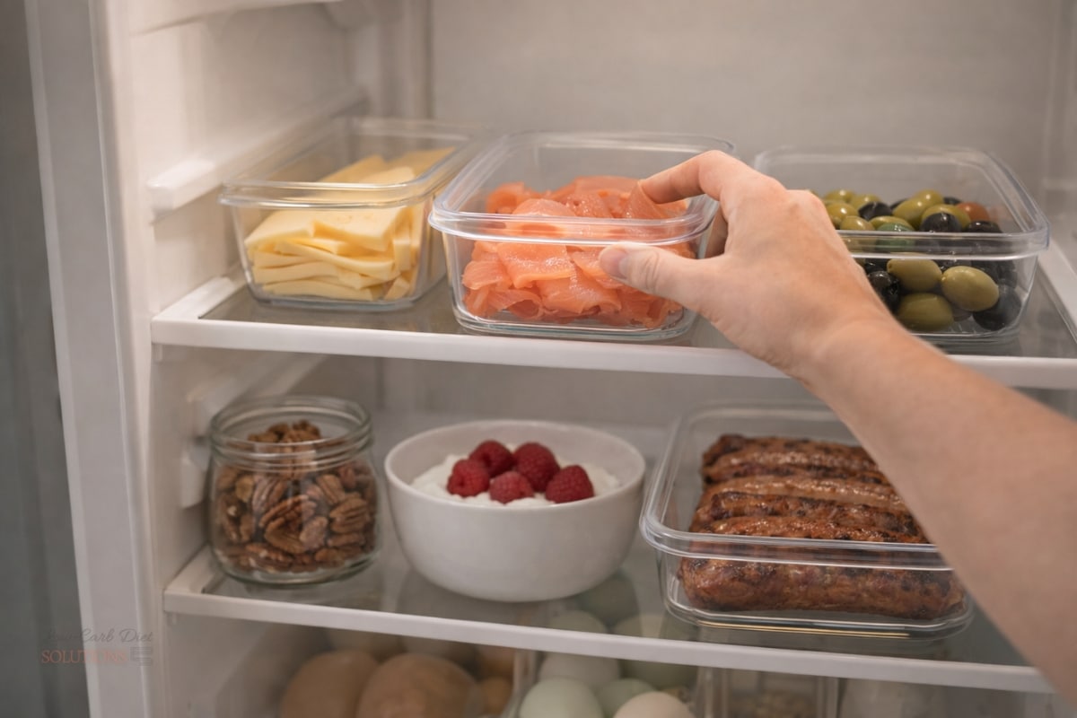 Hand reaching into organized fridge with keto breakfast foods like cheese, salmon, olives, nuts and sausages in containers