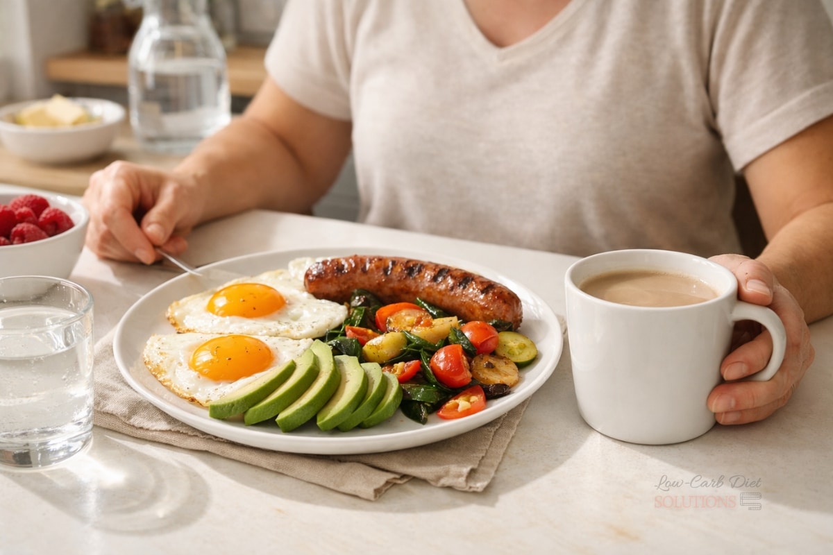 Keto-friendly breakfast with fried eggs, avocado, grilled sausage and sautéed vegetables on a bright table with coffee