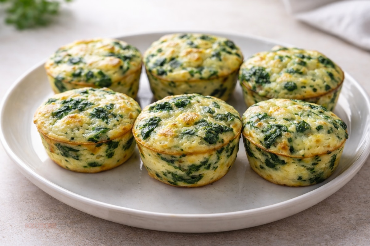 low-carb spinach and cheese egg muffins on plate freshly baked golden tops