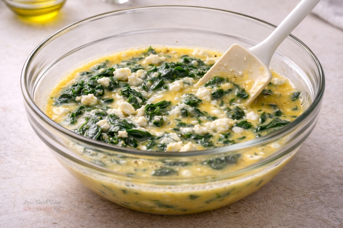 mix eggs spinach feta bowl step