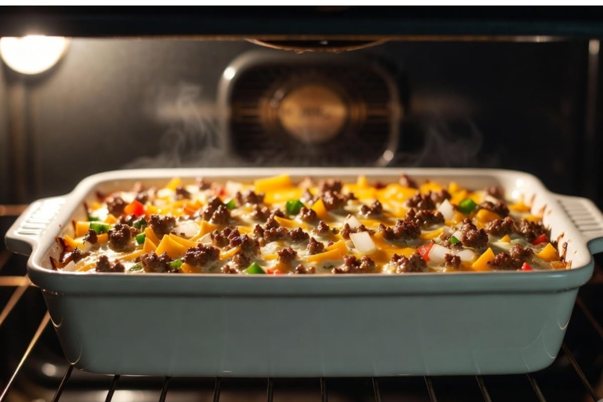 Sausage and egg breakfast casserole baking in oven in white porcelain dish with cheese, peppers and onion visible