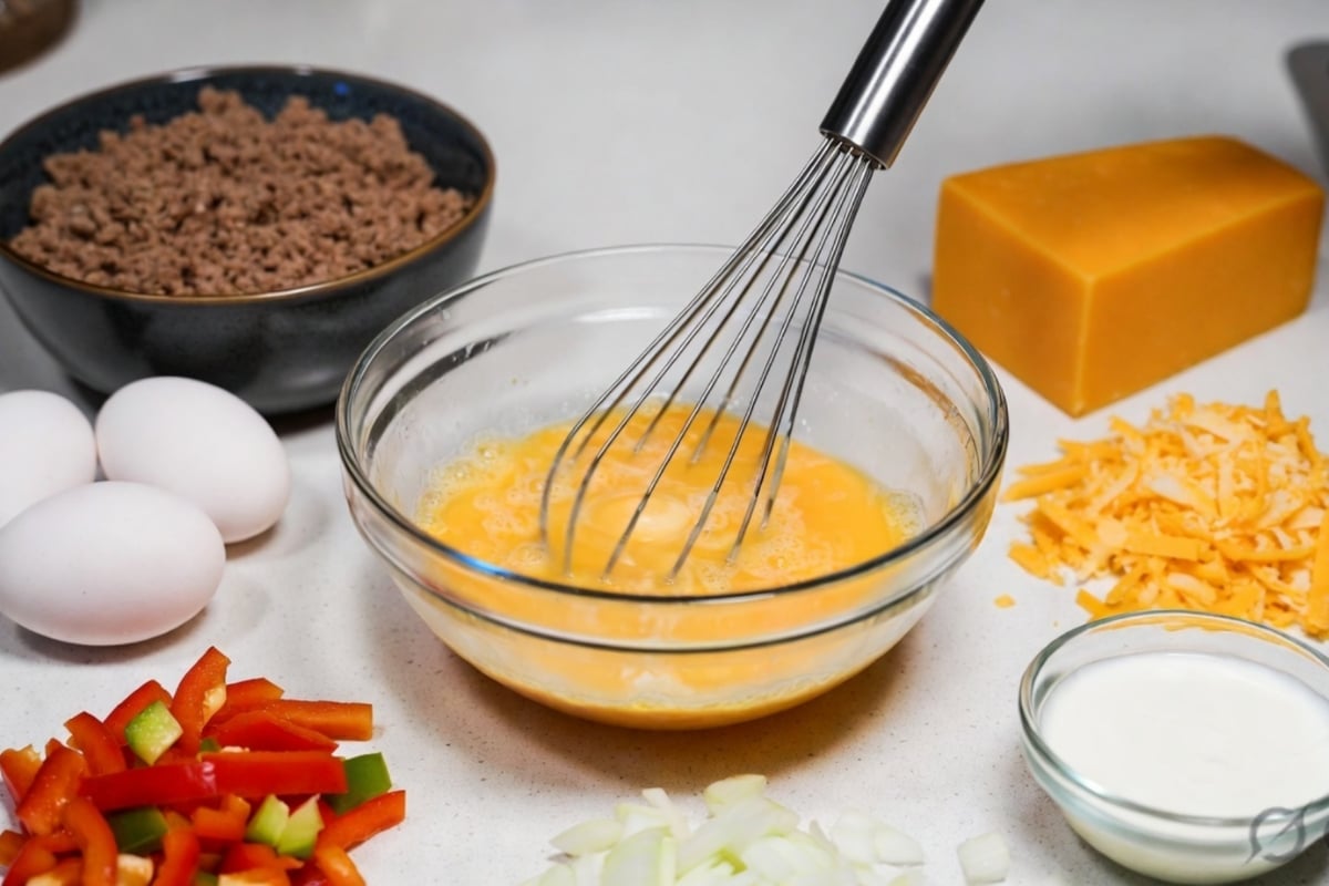 Eggs being whisked in a bowl with sausage, cheddar cheese, peppers, onion and cream for breakfast casserole preparation