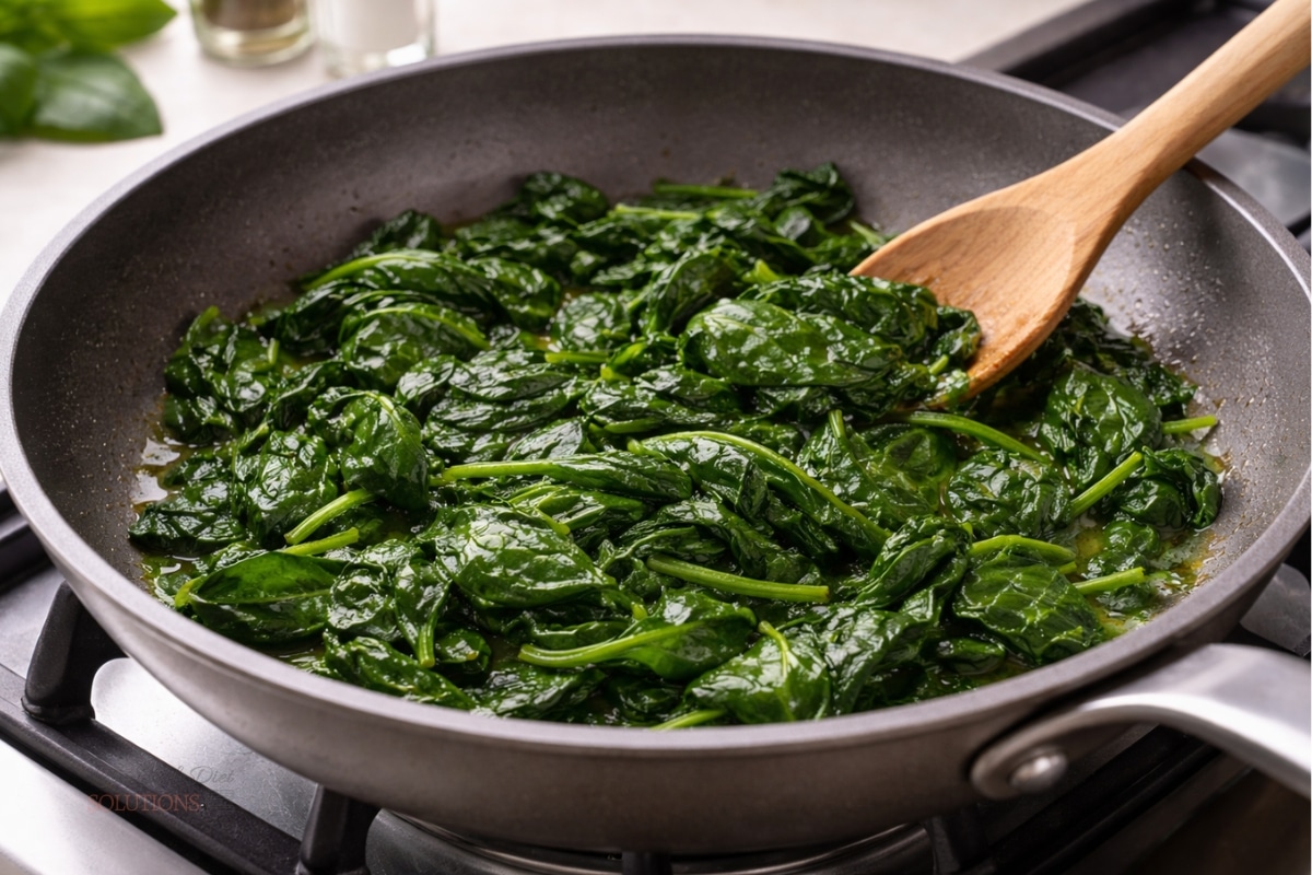 fresh spinach lightly sautéing in pan beginning to wilt on stovetop