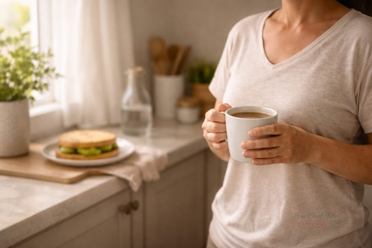 Person holding coffee by a sunlit kitchen window with blurred avocado cheddar sandwich on the counter