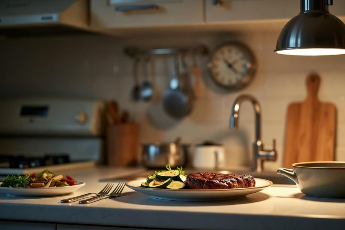 simple low-carb steak dinner with zucchini on kitchen counter weeknight meal setup