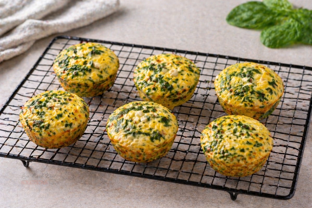 six spinach and cheese egg muffins cooling on wire rack freshly baked