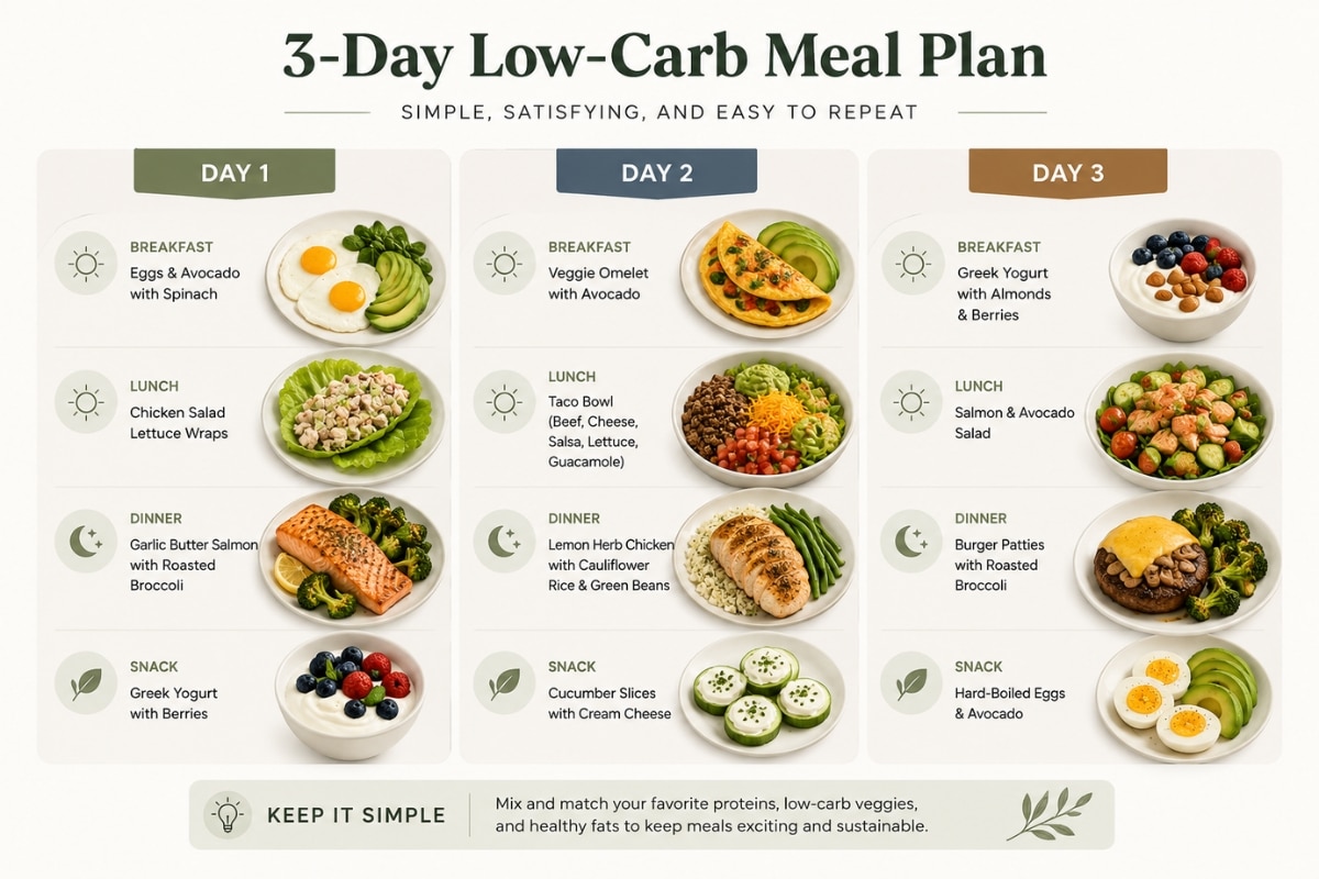 3-day low-carb meal planning infographic with simple breakfast, lunch, dinner, and snack ideas