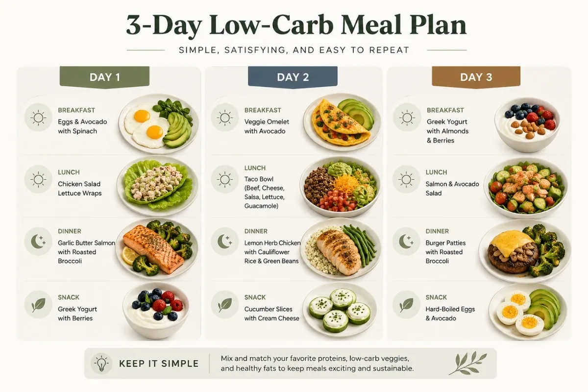 3-day low-carb meal planning infographic with simple breakfast, lunch, dinner, and snack ideas