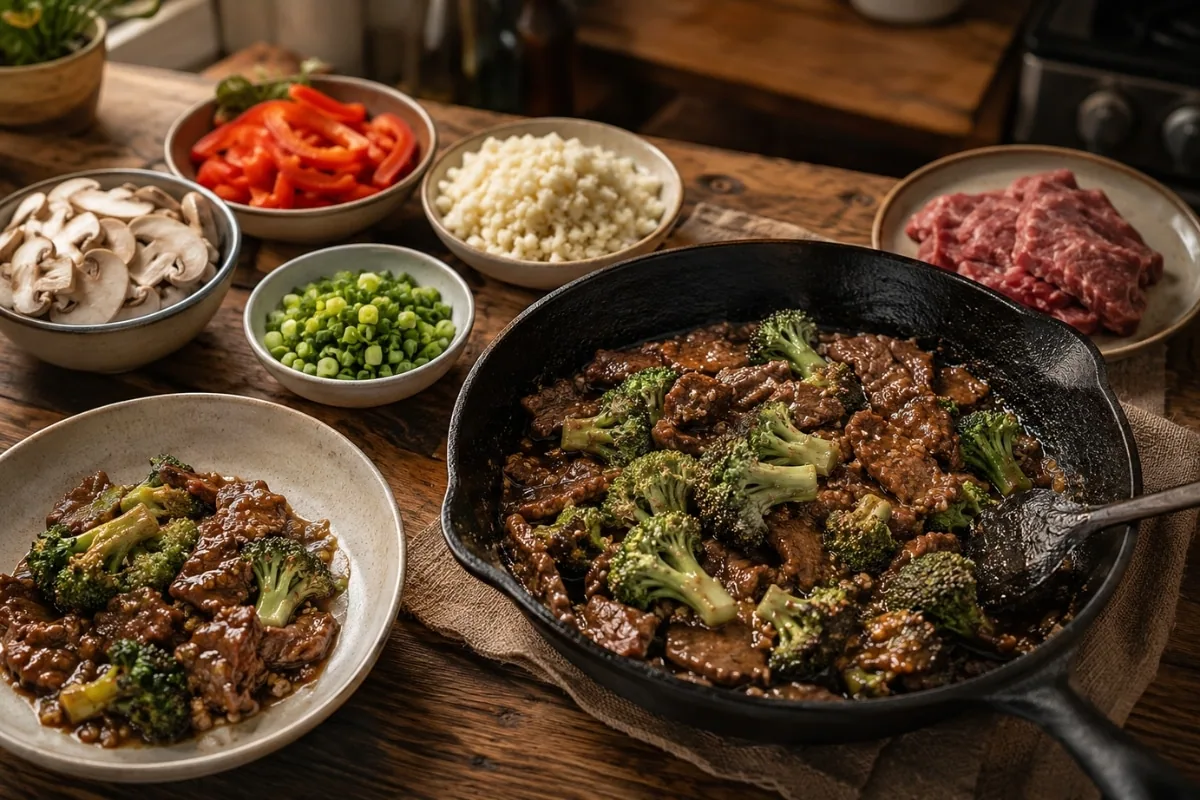 Customization ideas for low-carb beef and broccoli skillet with mushrooms, peppers, cauliflower rice, and green onions