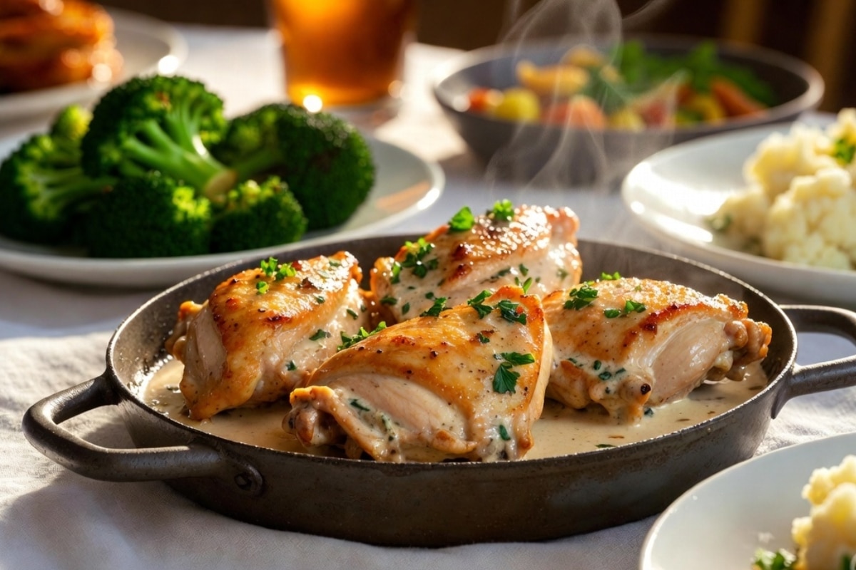 creamy garlic chicken thighs family dinner with parmesan sauce