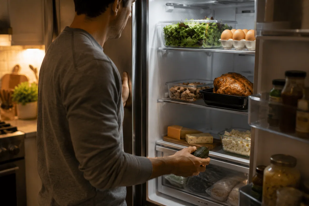 Easy quick low-carb dinner ideas with simple ingredients chosen from a refrigerator during a busy evening