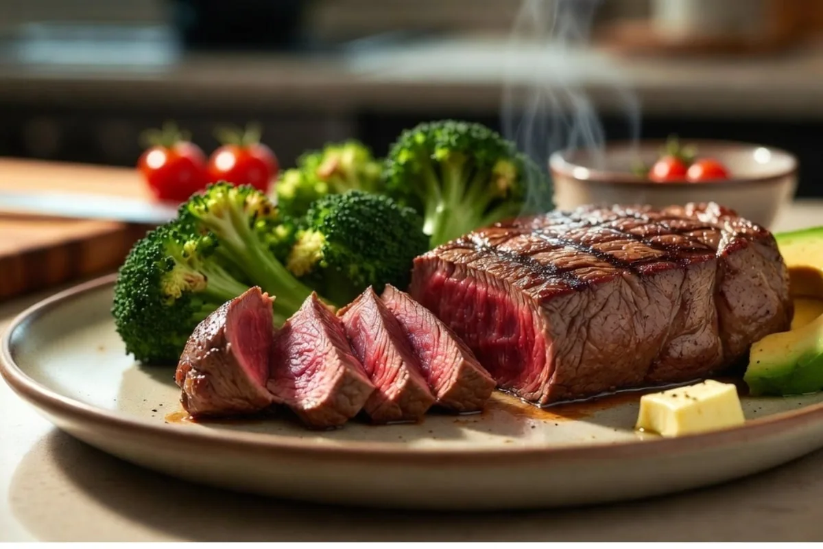 High-protein low-carb steak meal with roasted broccoli, avocado, and garlic butter in a warm kitchen setting