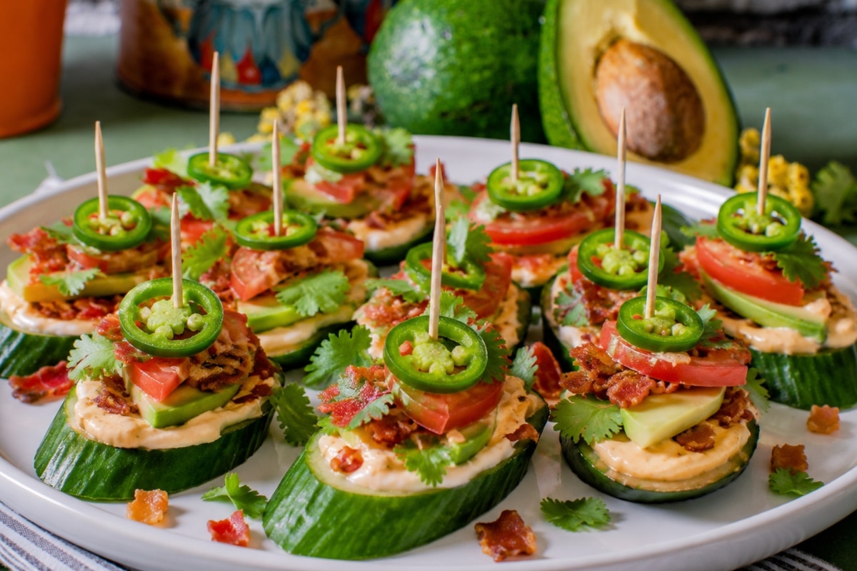 keto cucumber bites topped with avocado tomato cilantro and visible jalapeno slices on a white appetizer platter