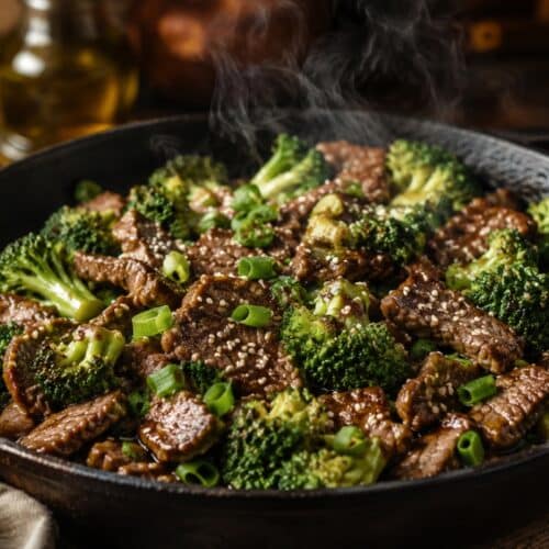 low carb beef and broccoli skillet in cast iron pan