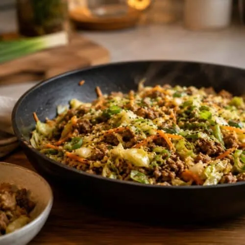Low-carb egg roll in a bowl, close up in the skillet with sesame seeds