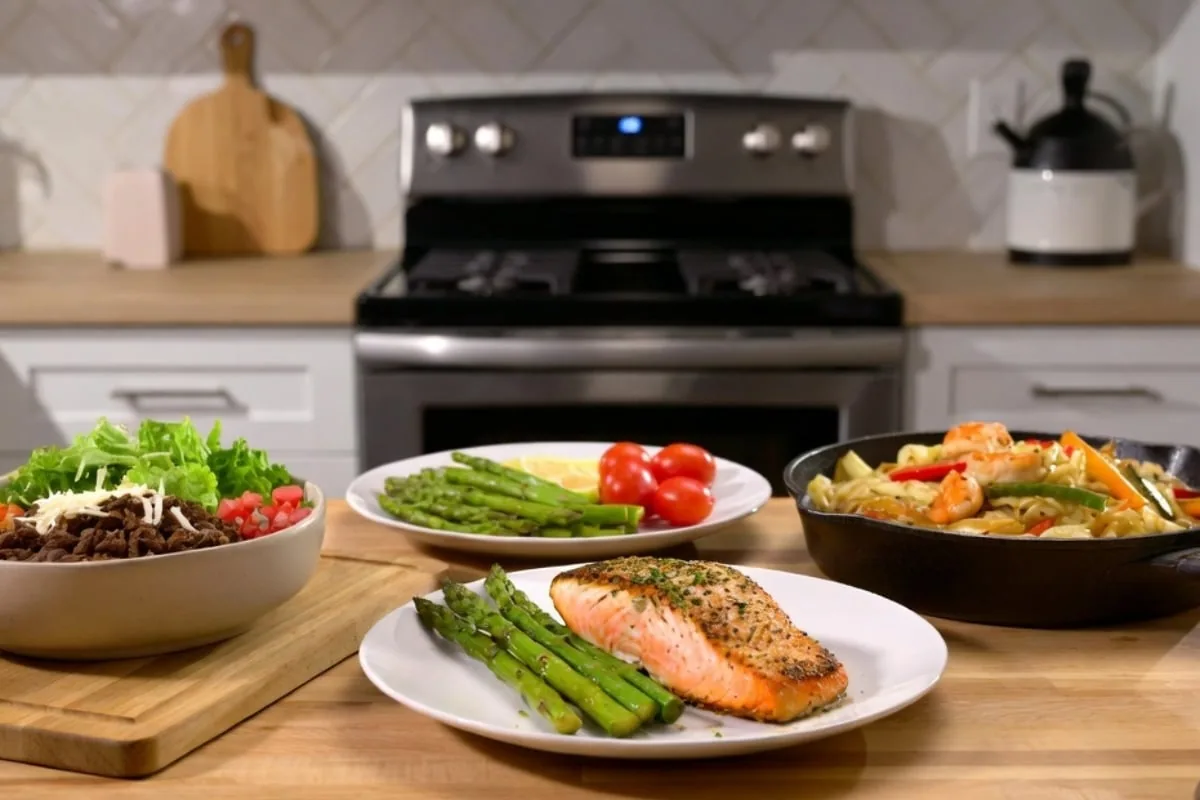 Simple low-carb meal variety with salmon, taco bowl, and vegetable skillet dinners in a home kitchen