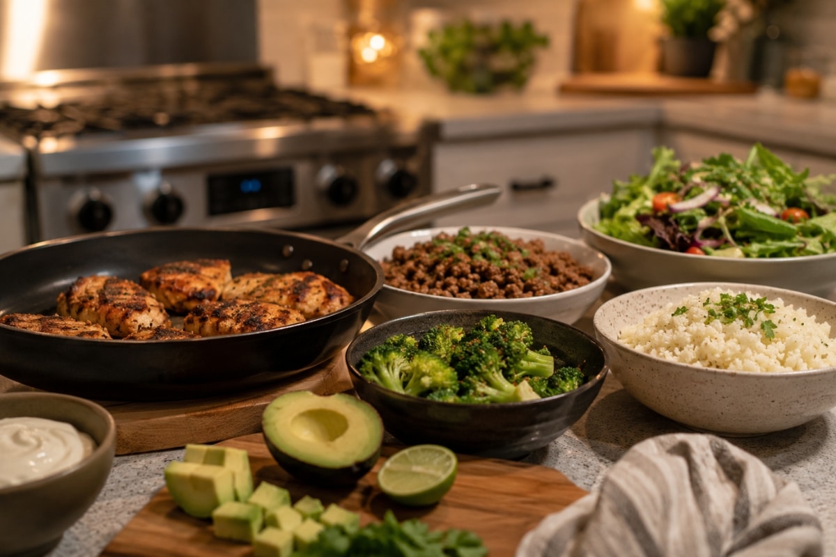 Quick low-carb dinner setup with skillet chicken, ground beef, broccoli, cauliflower rice, avocado, and salad on a modern kitchen counter during a busy weeknight