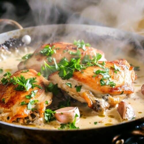 creamy garlic chicken thighs in parmesan garlic sauce skillet