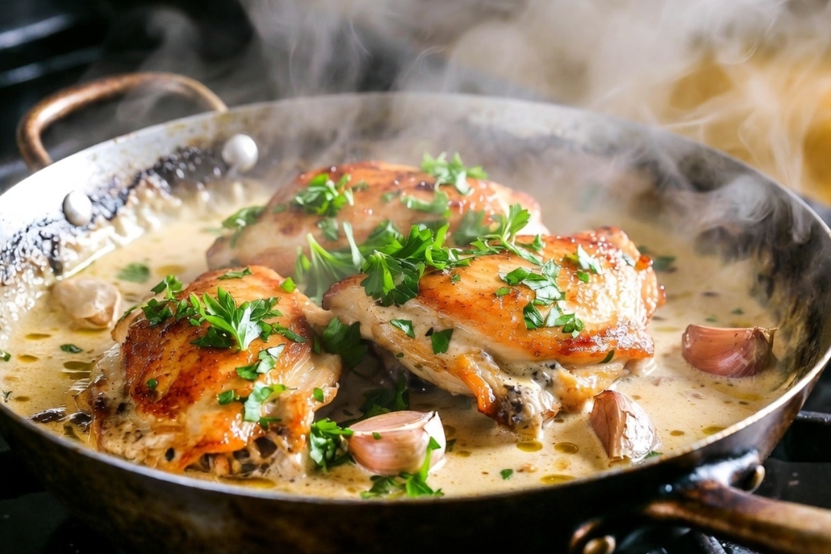 creamy garlic chicken thighs in parmesan garlic sauce skillet