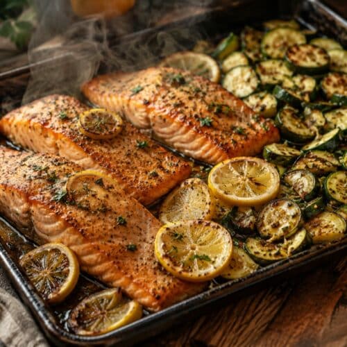 Salmon and zucchini on a baking tray.