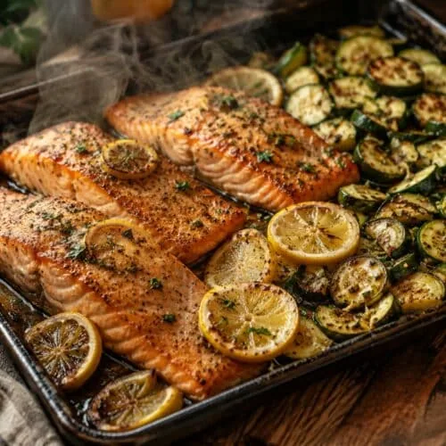 Salmon and zucchini on a baking tray.