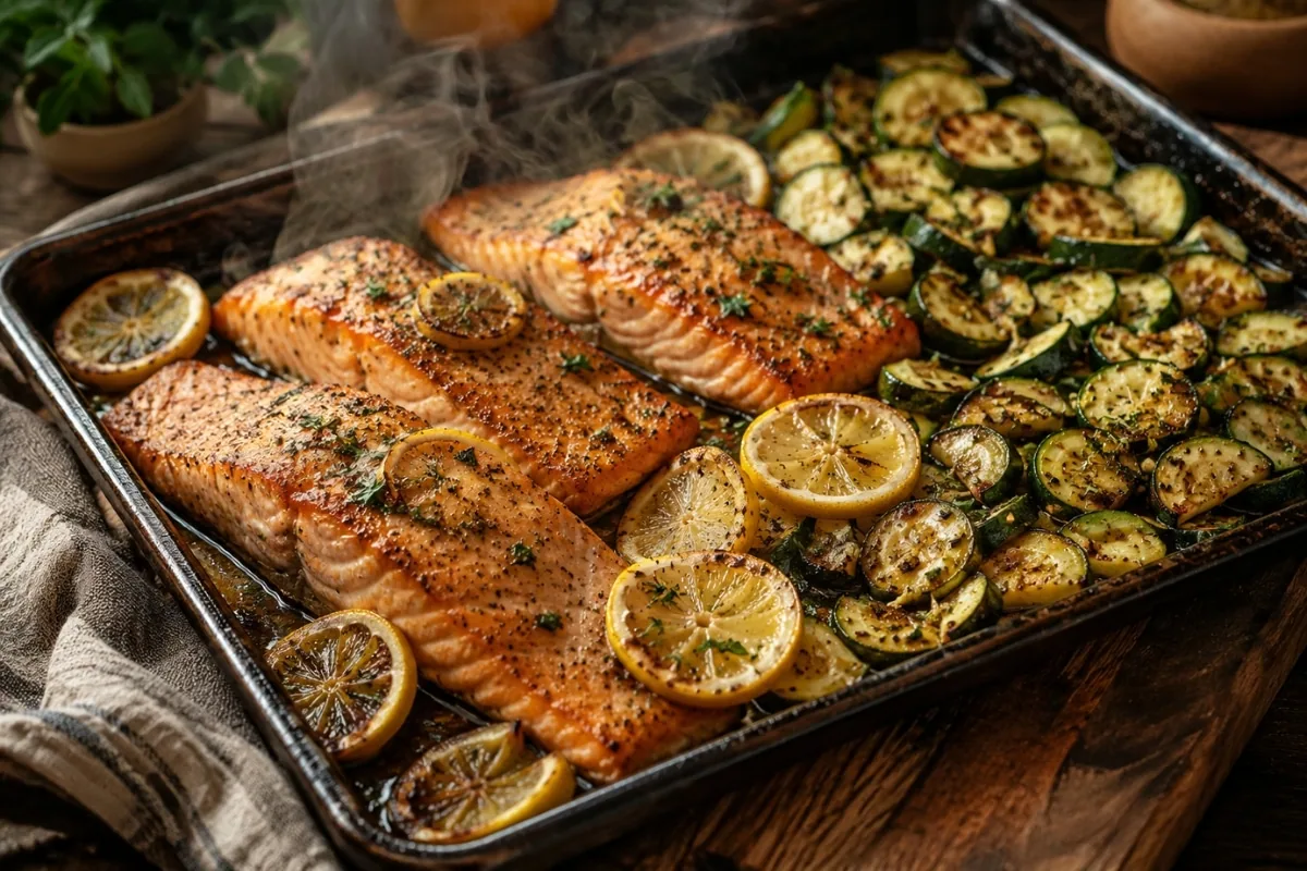 Sheet pan salmon with roasted zucchini and lemon slices on a roasted baking tray