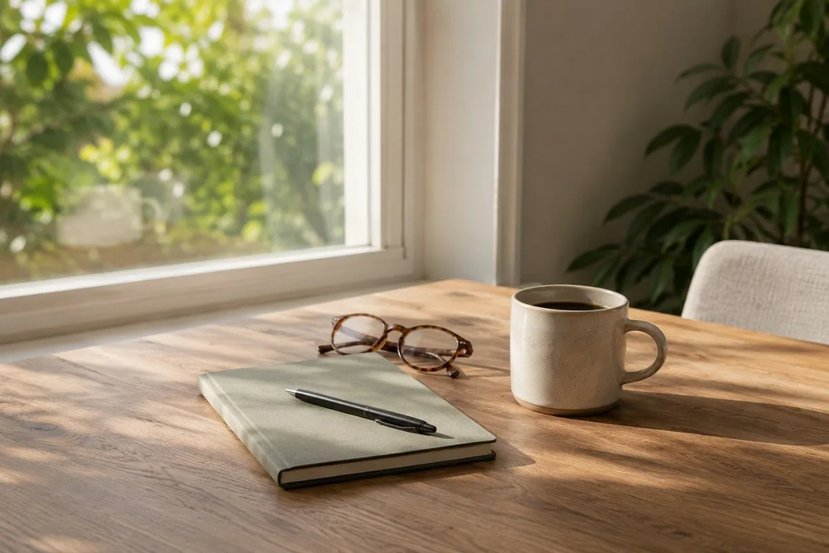 Minimalist workspace with coffee, notebook, and sunlight representing calm healthy routines and simple planning