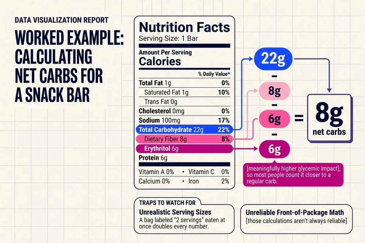 Infographic showing how to calculate net carbs from a nutrition label using total carbohydrates, fiber, and erythritol in a low-carb snack bar example