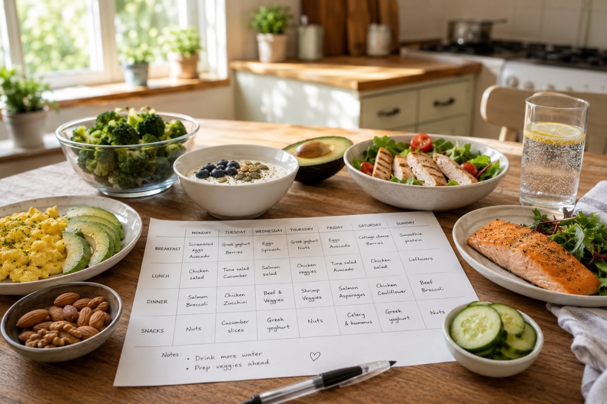 7-day low-carb meal plan for beginners with simple healthy meals in a bright kitchen