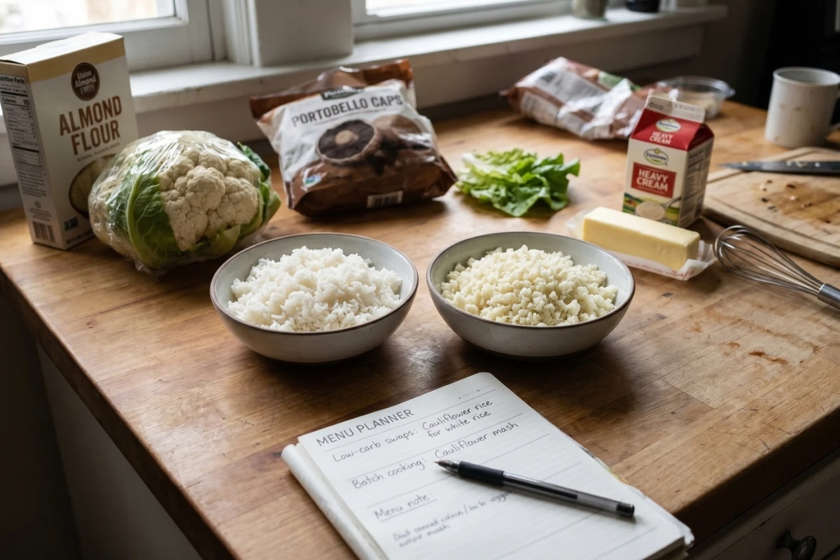 Low-carb food swap comparison showing cauliflower rice, almond flour, mushrooms, and other beginner-friendly alternatives to high-carb ingredients