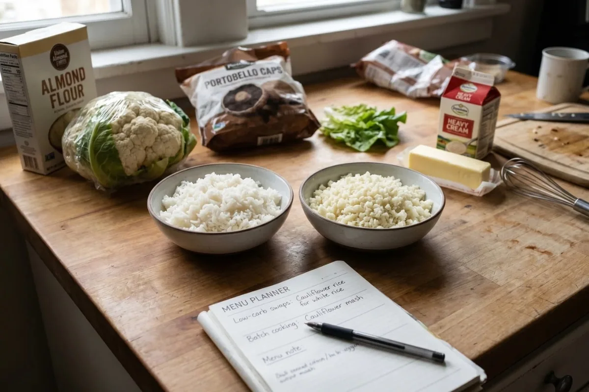 Low-carb food swap comparison showing cauliflower rice, almond flour, mushrooms, and other beginner-friendly alternatives to high-carb ingredients