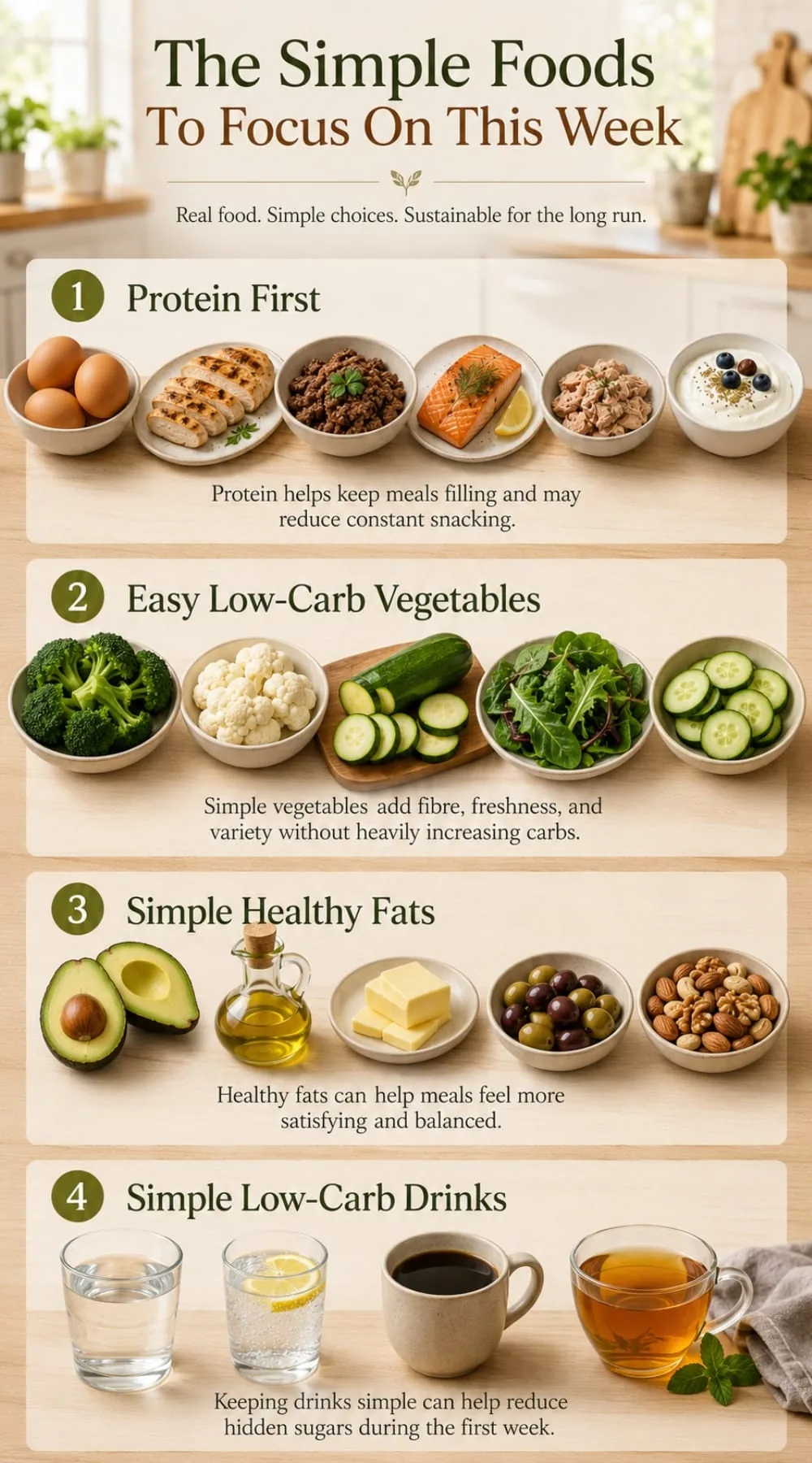 simple foods to focus on during a 7-day low-carb meal plan for beginners infographic