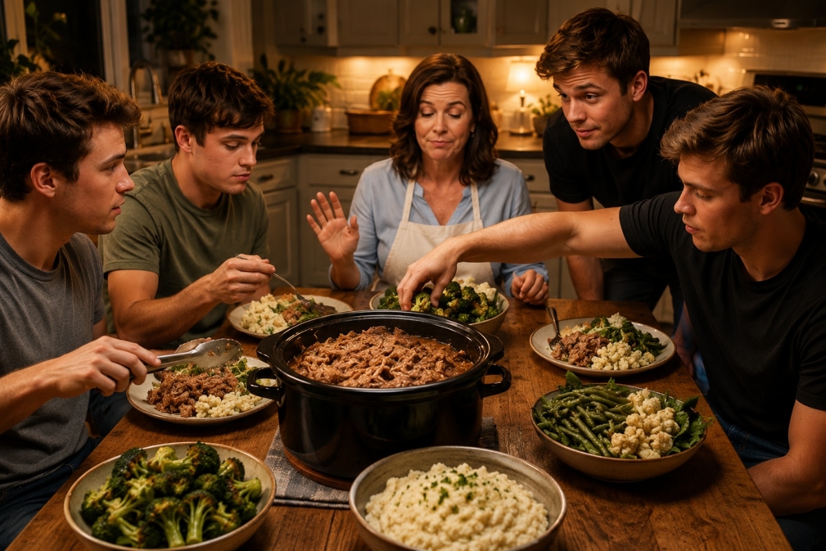 Family gathered around slow cooker pulled pork with low-carb vegetables while impatient sons reach for dinner before it is served