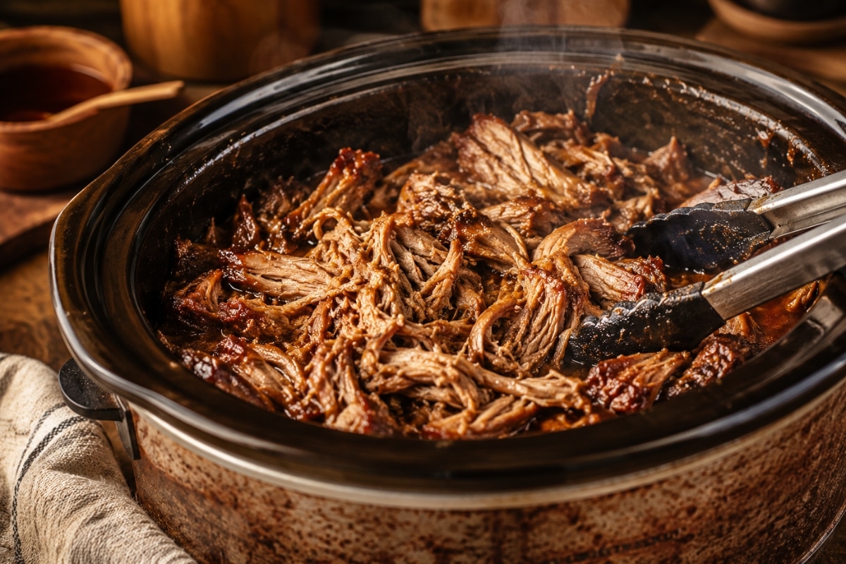 Slow-cooker pulled pork inside a rustic crockpot with tender shredded pork, rich cooking juices, caramelised edges, steam rising, and serving tongs in a warm cozy kitchen setting