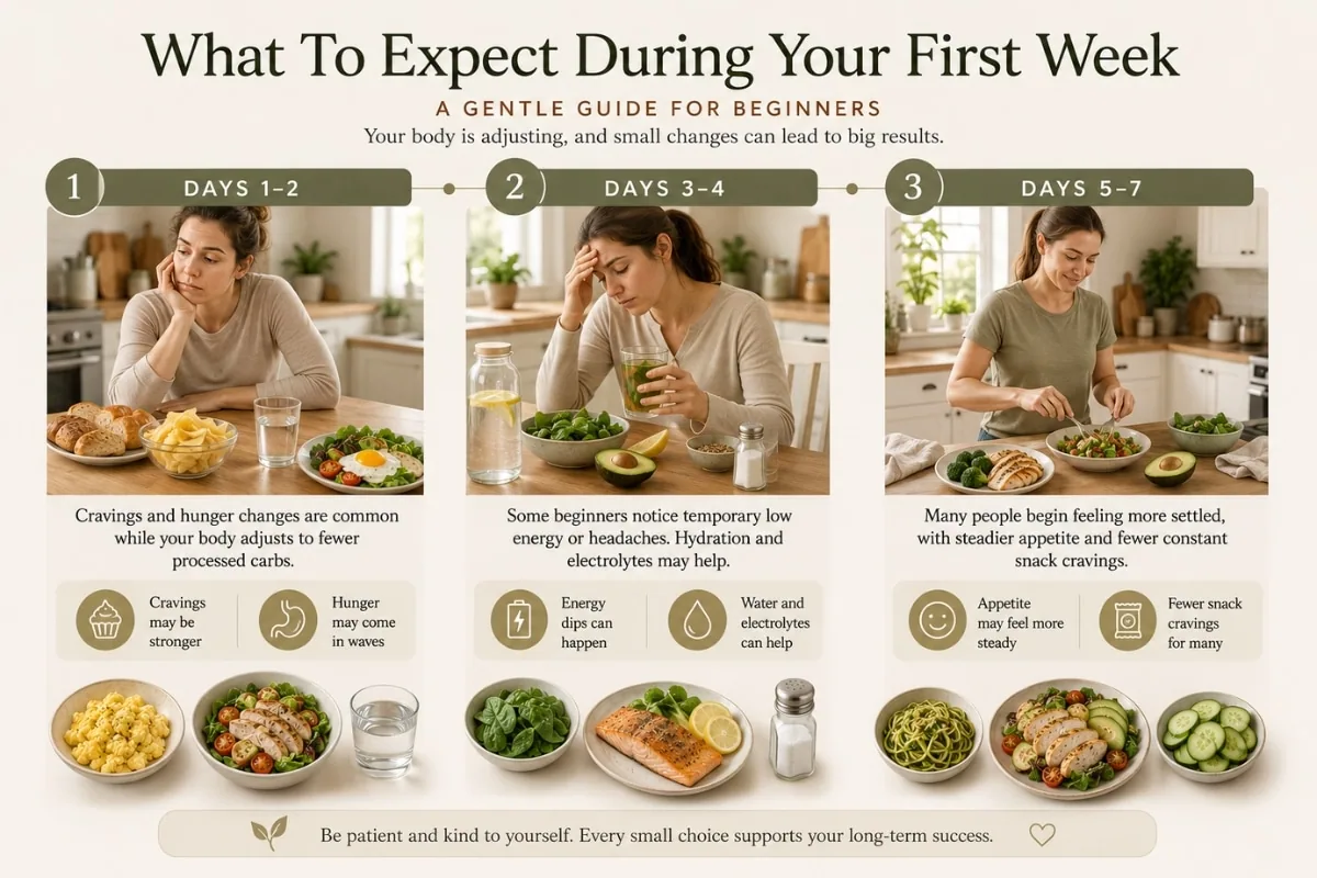 what to expect during your first week on a 7-day low-carb meal plan for beginners infographic